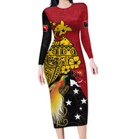 Papua New Guinea Independence Day Long Sleeve Bodycon Dress Bird-of-Paradise with Map and Polynesian Pattern LT03 Long Dress Black - Polynesian Pride