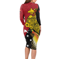 Papua New Guinea Independence Day Long Sleeve Bodycon Dress Bird-of-Paradise with Map and Polynesian Pattern LT03 - Polynesian Pride