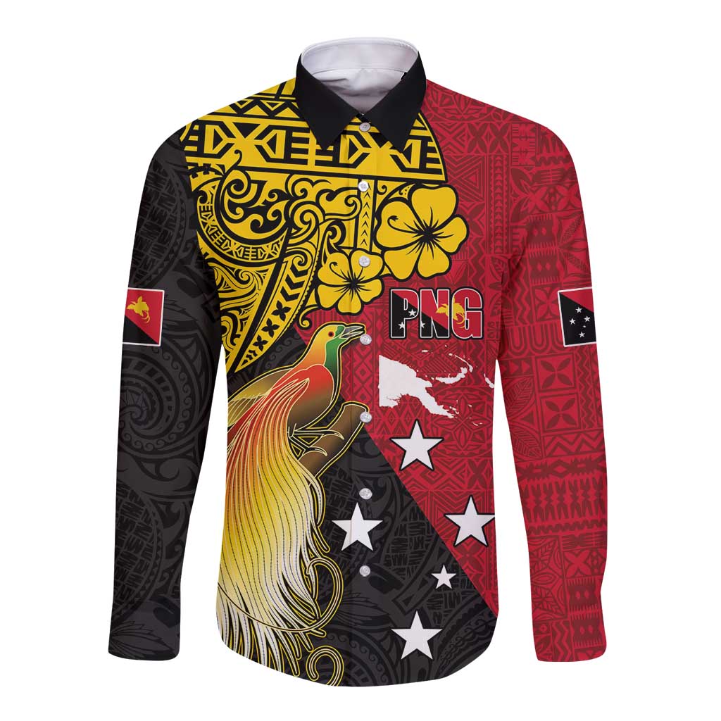 Papua New Guinea Independence Day Long Sleeve Button Shirt Bird-of-Paradise with Map and Polynesian Pattern