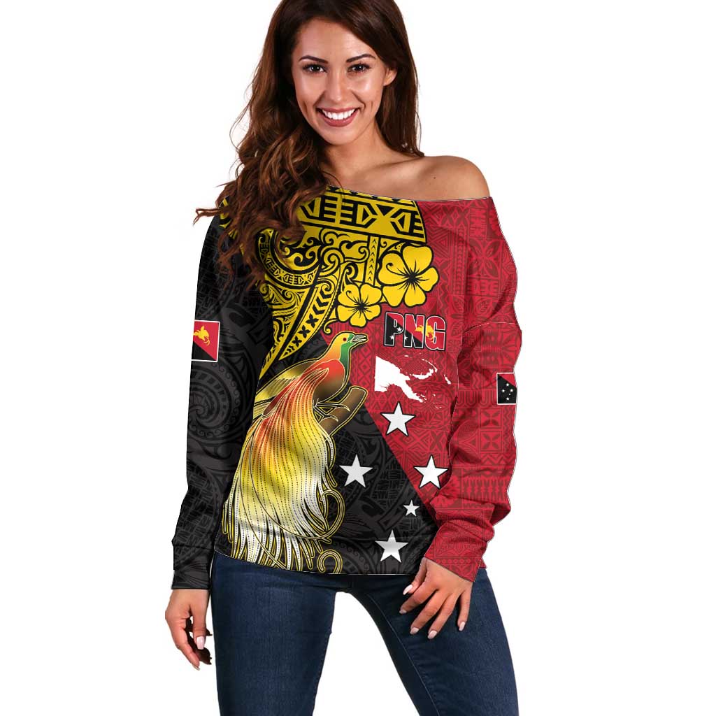 Papua New Guinea Independence Day Off Shoulder Sweater Bird-of-Paradise with Map and Polynesian Pattern