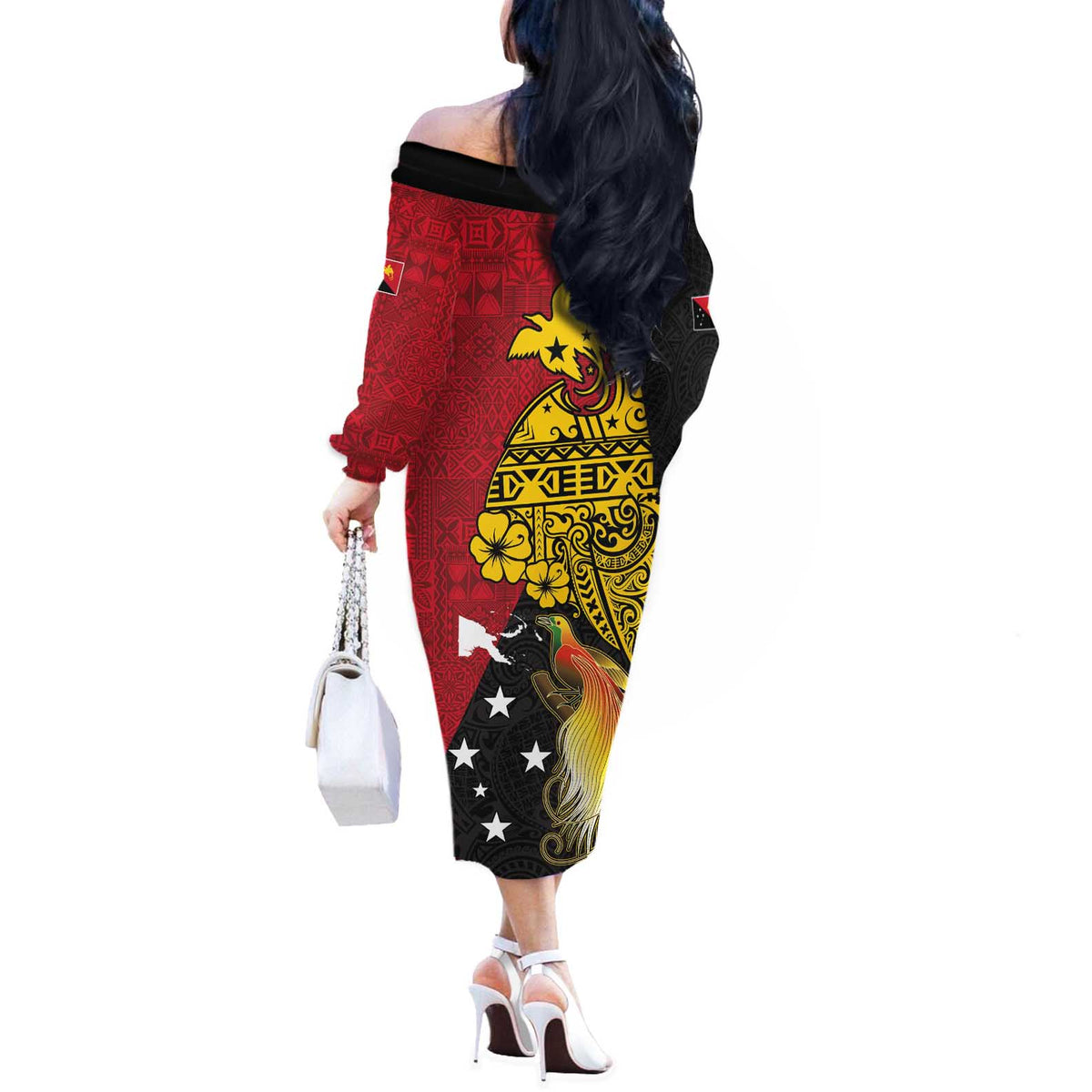 Papua New Guinea Independence Day Off The Shoulder Long Sleeve Dress Bird-of-Paradise with Map and Polynesian Pattern LT03 - Polynesian Pride