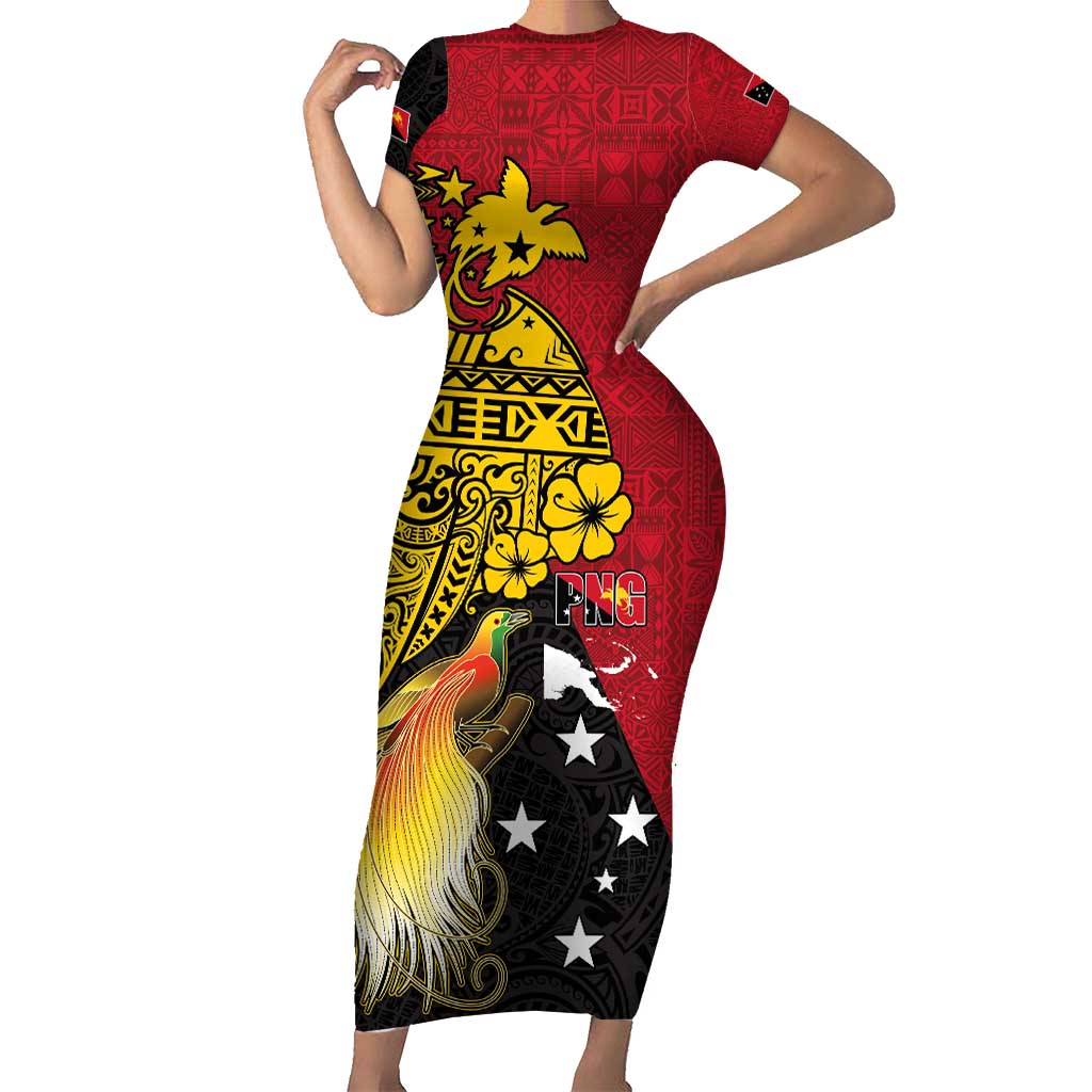 Papua New Guinea Independence Day Short Sleeve Bodycon Dress Bird-of-Paradise with Map and Polynesian Pattern LT03 Long Dress Black - Polynesian Pride