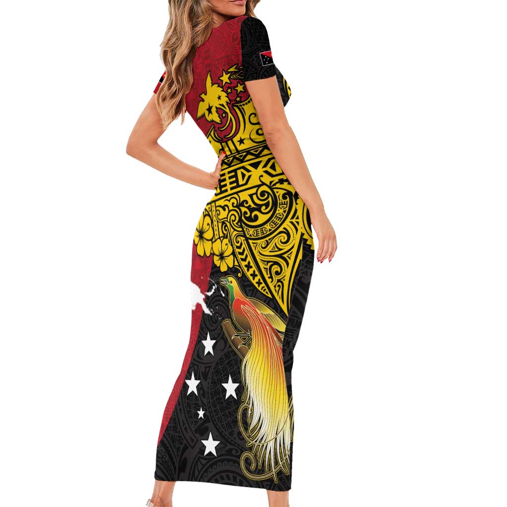 Papua New Guinea Independence Day Short Sleeve Bodycon Dress Bird-of-Paradise with Map and Polynesian Pattern LT03 - Polynesian Pride