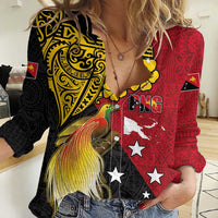 Papua New Guinea Independence Day Women Casual Shirt Bird-of-Paradise with Map and Polynesian Pattern LT03 Female Black - Polynesian Pride