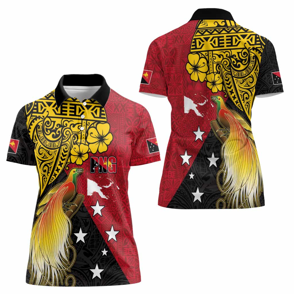 Papua New Guinea Independence Day Women Polo Shirt Bird-of-Paradise with Map and Polynesian Pattern
