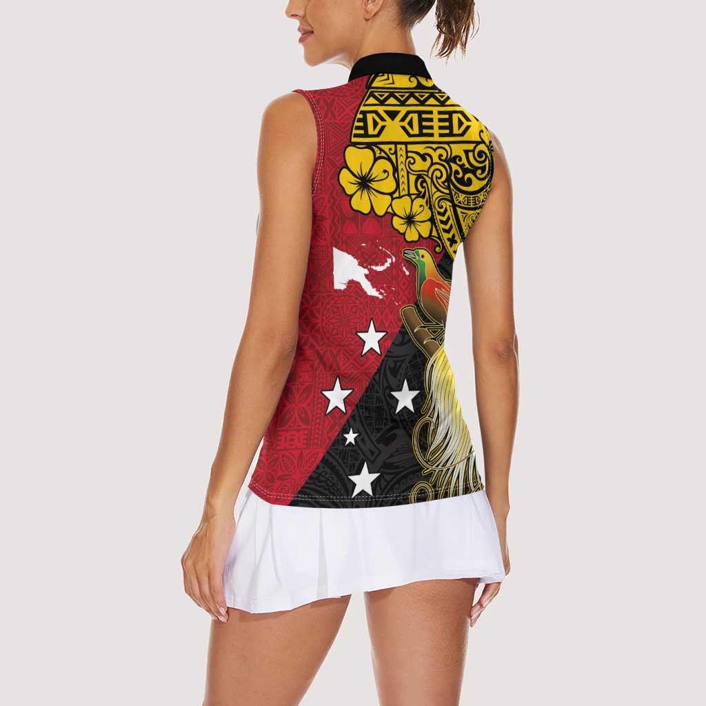 Papua New Guinea Independence Day Women Sleeveless Polo Shirt Bird-of-Paradise with Map and Polynesian Pattern LT03 - Polynesian Pride