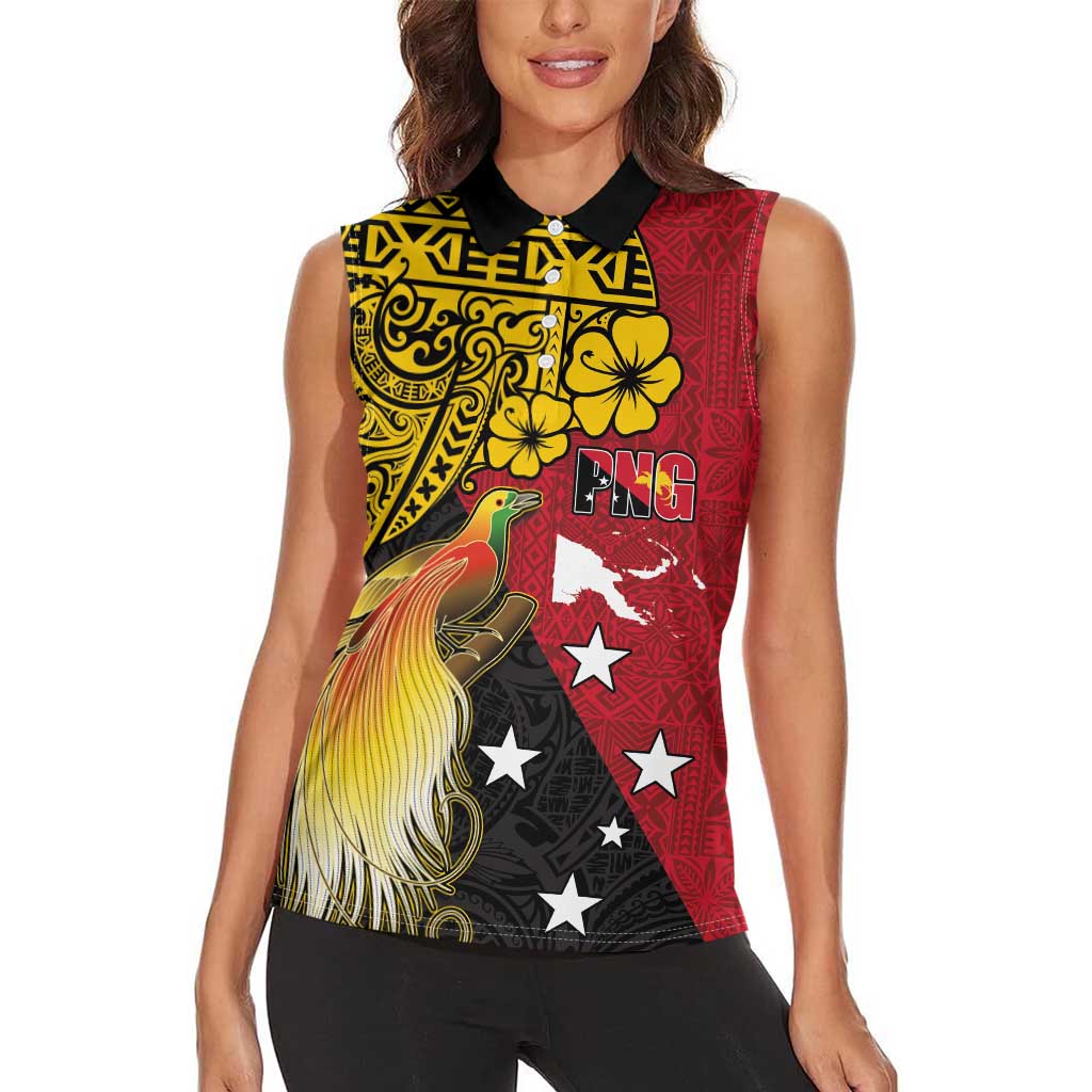 Papua New Guinea Independence Day Women Sleeveless Polo Shirt Bird-of-Paradise with Map and Polynesian Pattern LT03 - Polynesian Pride