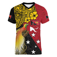 Papua New Guinea Independence Day Women V-Neck T-Shirt Bird-of-Paradise with Map and Polynesian Pattern LT03 Female Black - Polynesian Pride