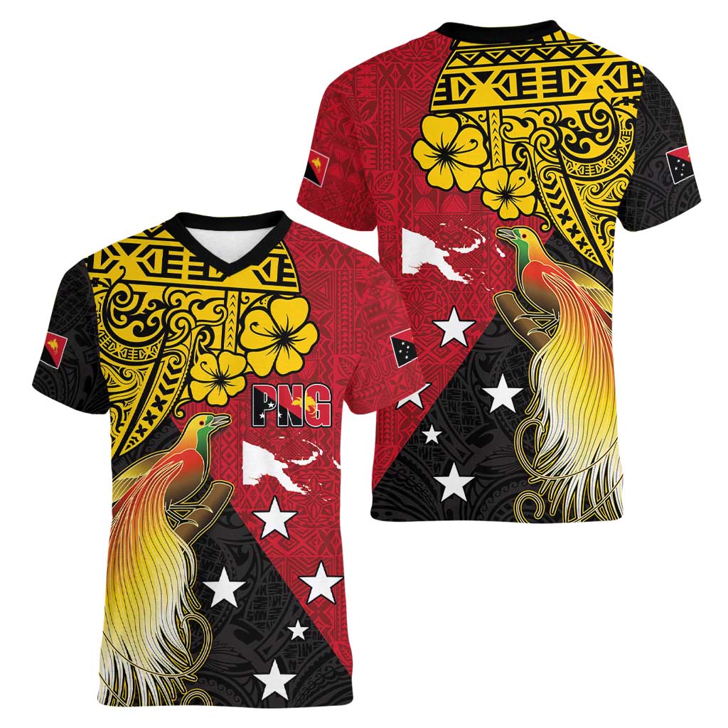Papua New Guinea Independence Day Women V-Neck T-Shirt Bird-of-Paradise with Map and Polynesian Pattern LT03 - Polynesian Pride