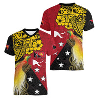 Papua New Guinea Independence Day Women V-Neck T-Shirt Bird-of-Paradise with Map and Polynesian Pattern LT03 - Polynesian Pride