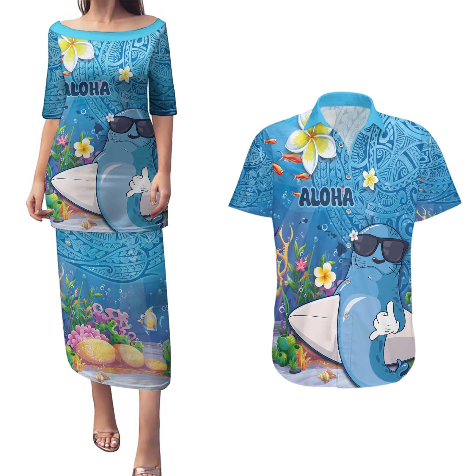 Aloha Hawaiian Monk Seal Couples Matching Puletasi and Hawaiian Shirt Polynesian Tattoo The Ocean and Undersea Vibe