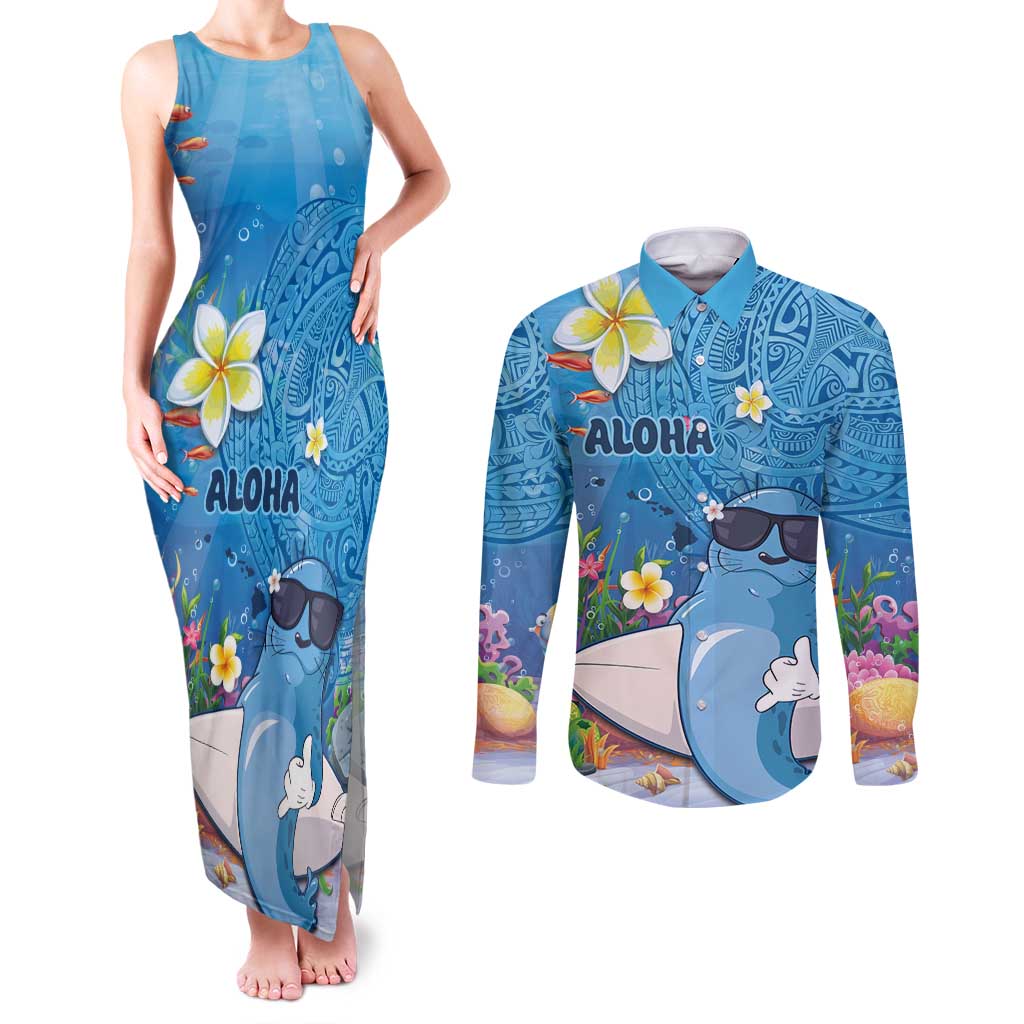 Aloha Hawaiian Monk Seal Couples Matching Tank Maxi Dress and Long Sleeve Button Shirt Polynesian Tattoo The Ocean and Undersea Vibe