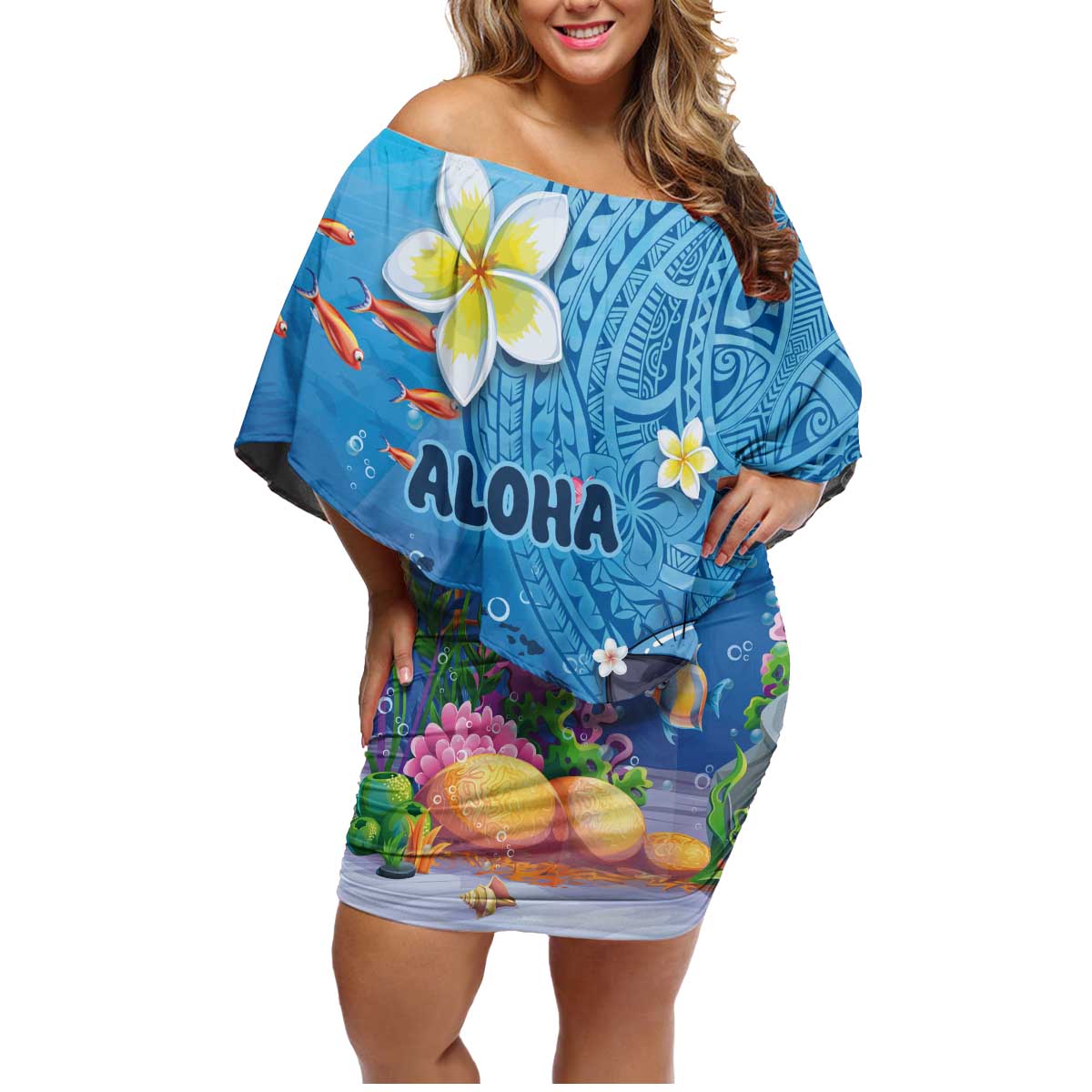 Aloha Hawaiian Monk Seal Family Matching Off Shoulder Short Dress and Hawaiian Shirt Polynesian Tattoo The Ocean and Undersea Vibe
