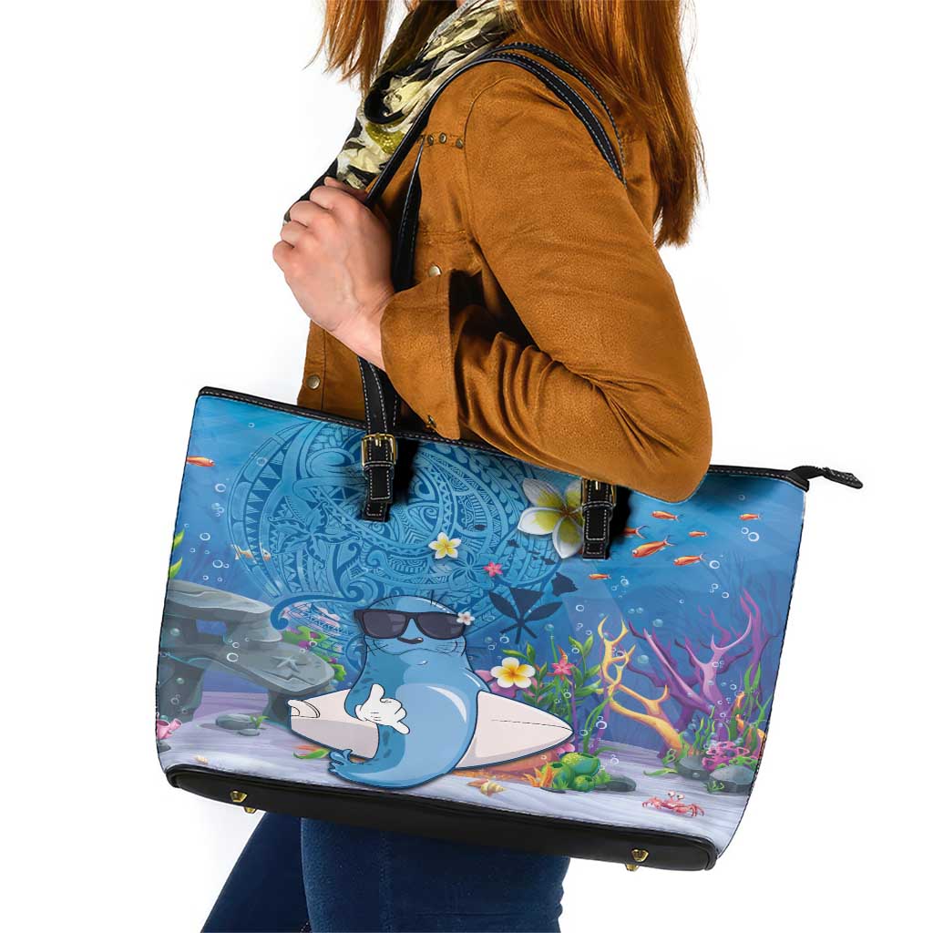 Aloha Hawaiian Monk Seal Leather Tote Bag Polynesian Tattoo The Ocean and Undersea Vibe LT03 Blue - Polynesian Pride