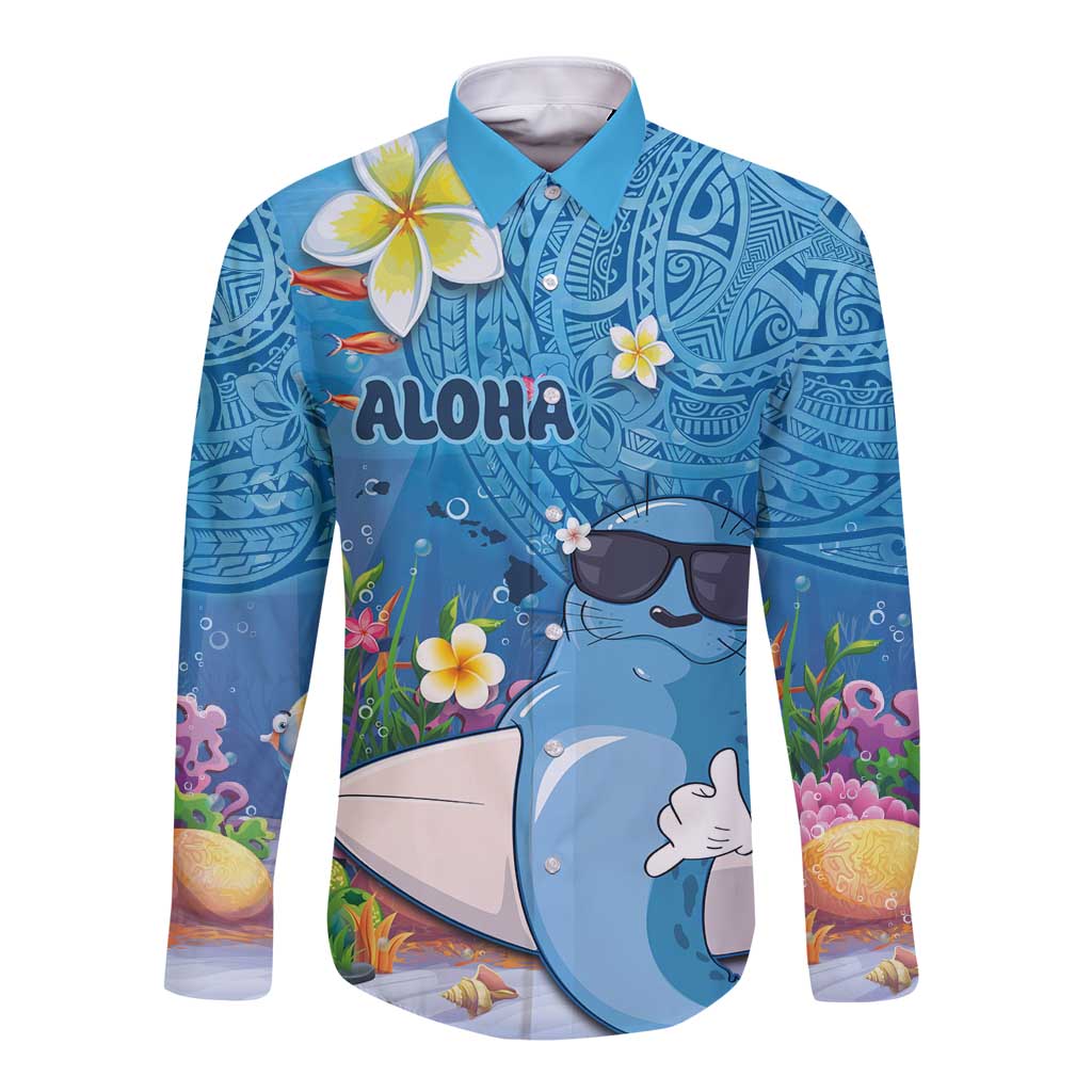 Aloha Hawaiian Monk Seal Long Sleeve Button Shirt Polynesian Tattoo The Ocean and Undersea Vibe