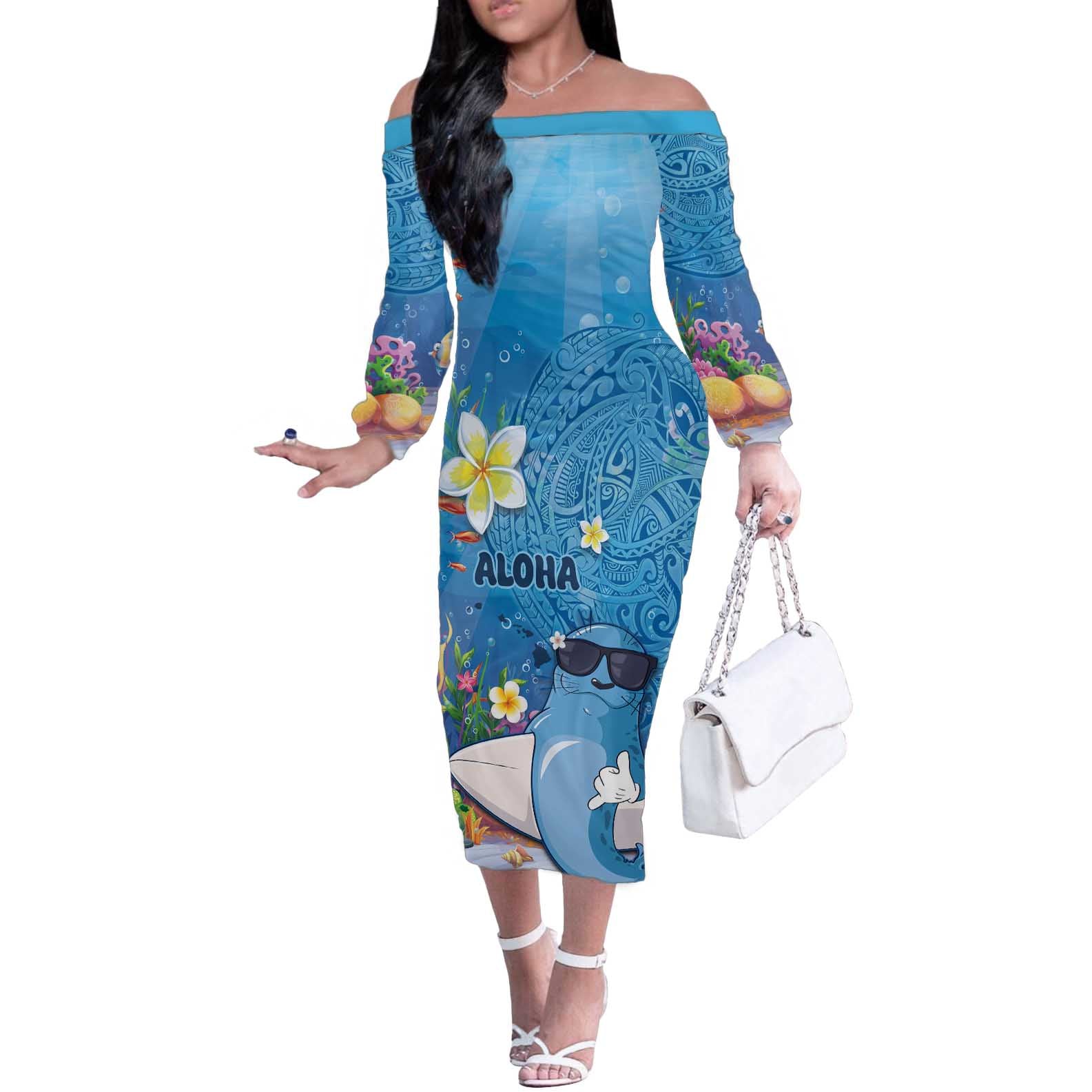 Aloha Hawaiian Monk Seal Off The Shoulder Long Sleeve Dress Polynesian Tattoo The Ocean and Undersea Vibe