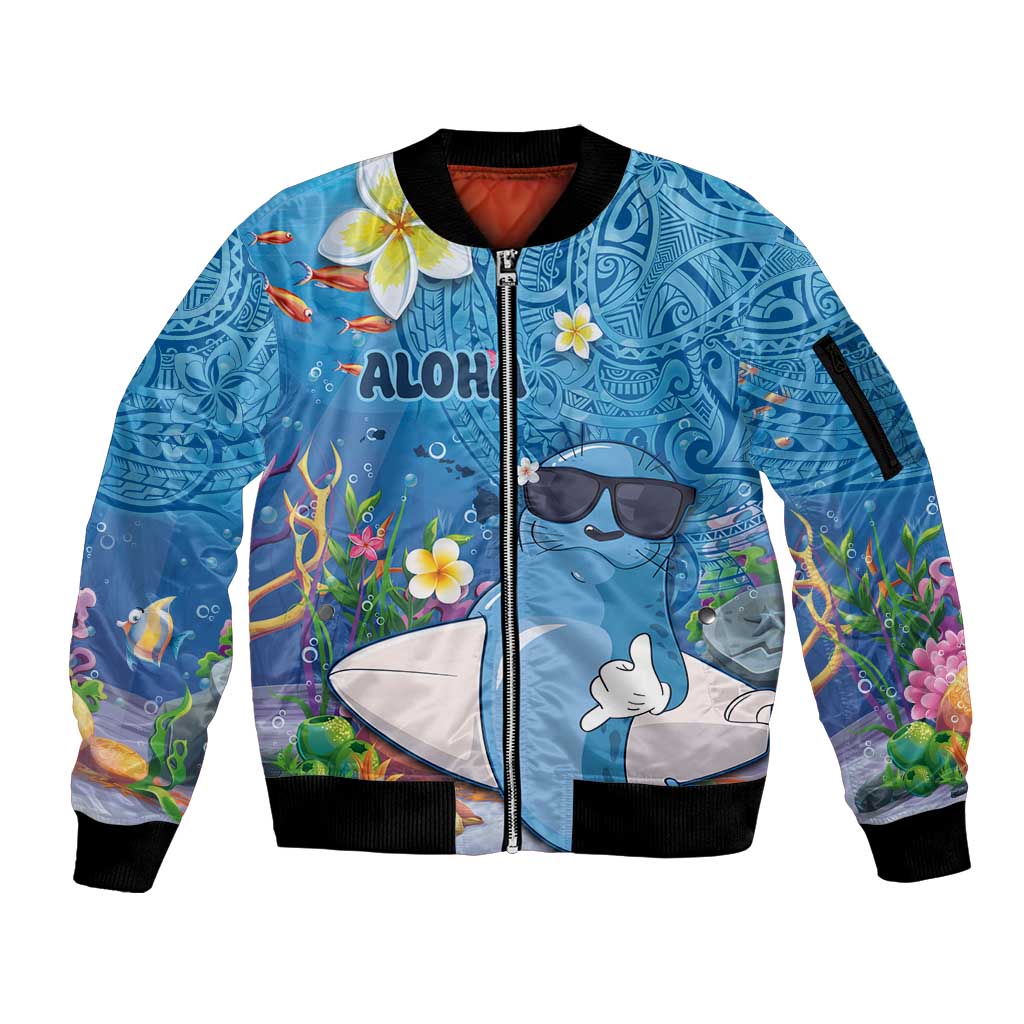 Aloha Hawaiian Monk Seal Sleeve Zip Bomber Jacket Polynesian Tattoo The Ocean and Undersea Vibe
