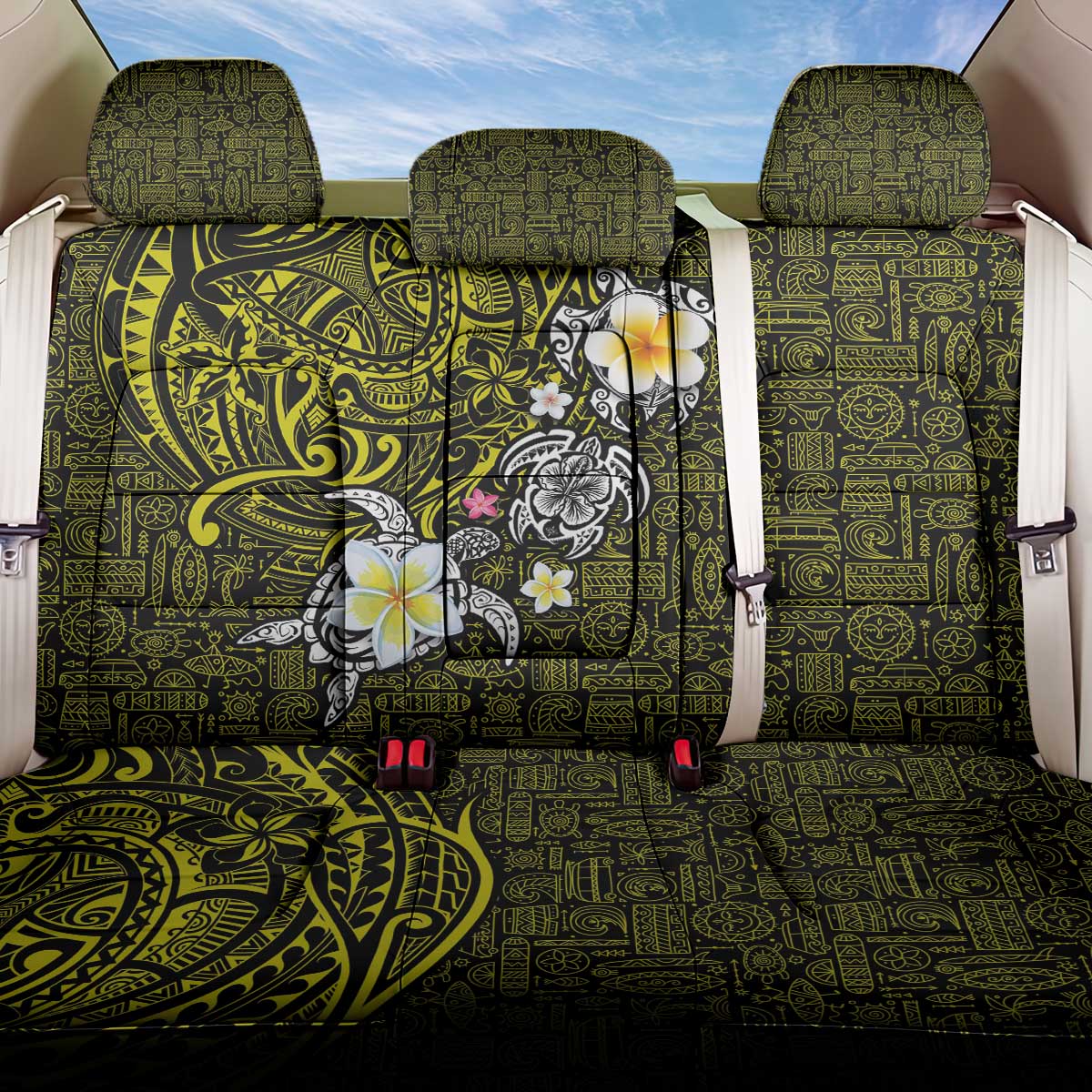 Hawaiian Turtle and Plumeria Back Car Seat Cover Polynesian Tattoo and Tribal Elements Pattern Yellow Color