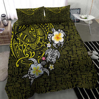 Hawaiian Turtle and Plumeria Bedding Set Polynesian Tattoo and Tribal Elements Pattern Yellow Color