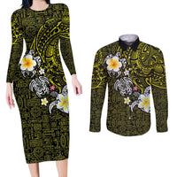 Hawaiian Turtle and Plumeria Couples Matching Long Sleeve Bodycon Dress and Long Sleeve Button Shirt Polynesian Tattoo and Tribal Elements Pattern Yellow Color