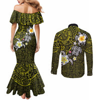 Hawaiian Turtle and Plumeria Couples Matching Mermaid Dress and Long Sleeve Button Shirt Polynesian Tattoo and Tribal Elements Pattern Yellow Color
