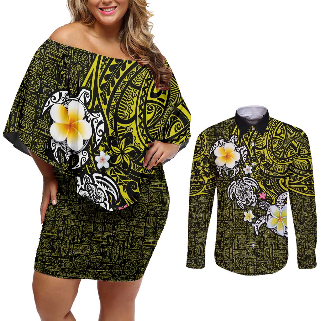 Hawaiian Turtle and Plumeria Couples Matching Off Shoulder Short Dress and Long Sleeve Button Shirt Polynesian Tattoo and Tribal Elements Pattern Yellow Color