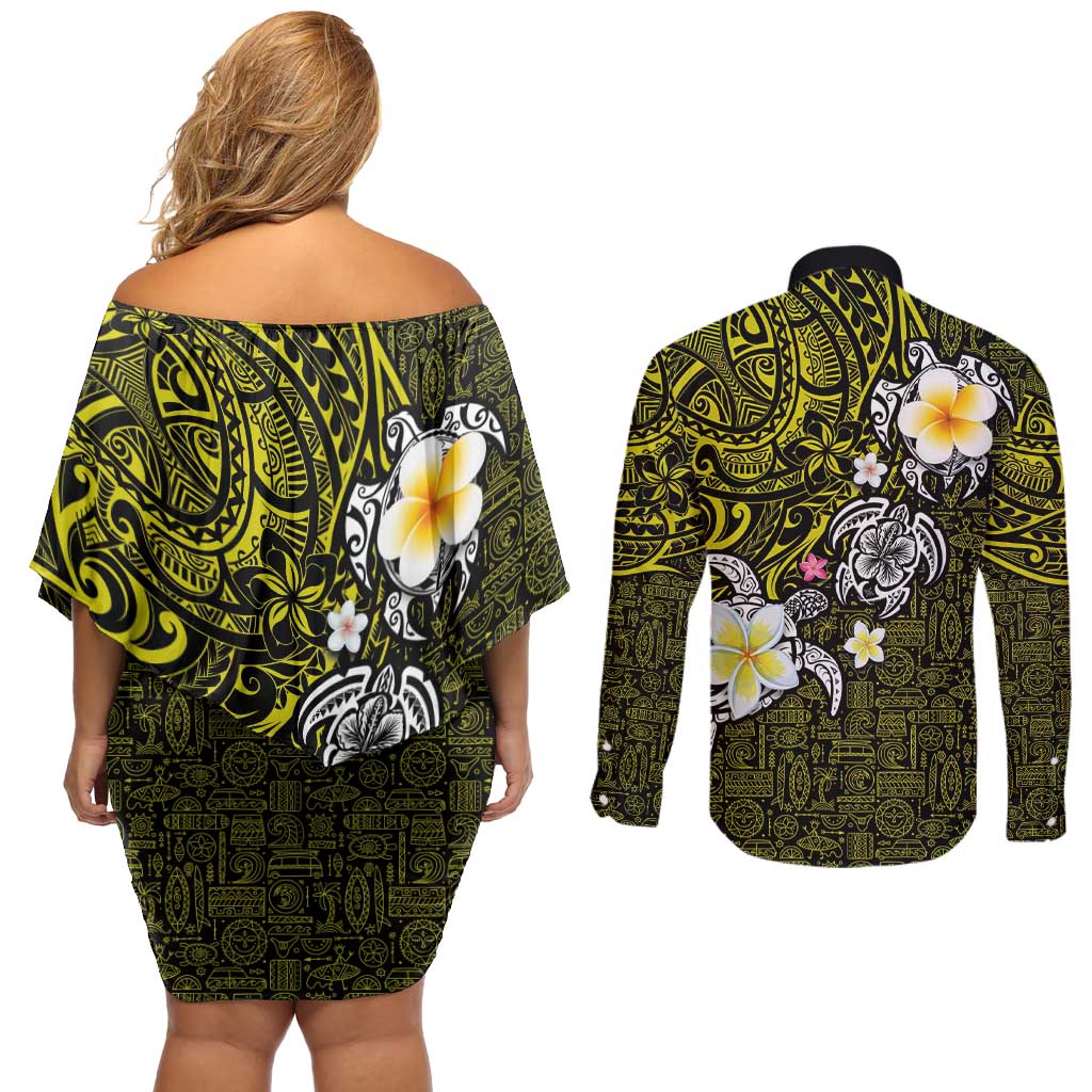 Hawaiian Turtle and Plumeria Couples Matching Off Shoulder Short Dress and Long Sleeve Button Shirt Polynesian Tattoo and Tribal Elements Pattern Yellow Color