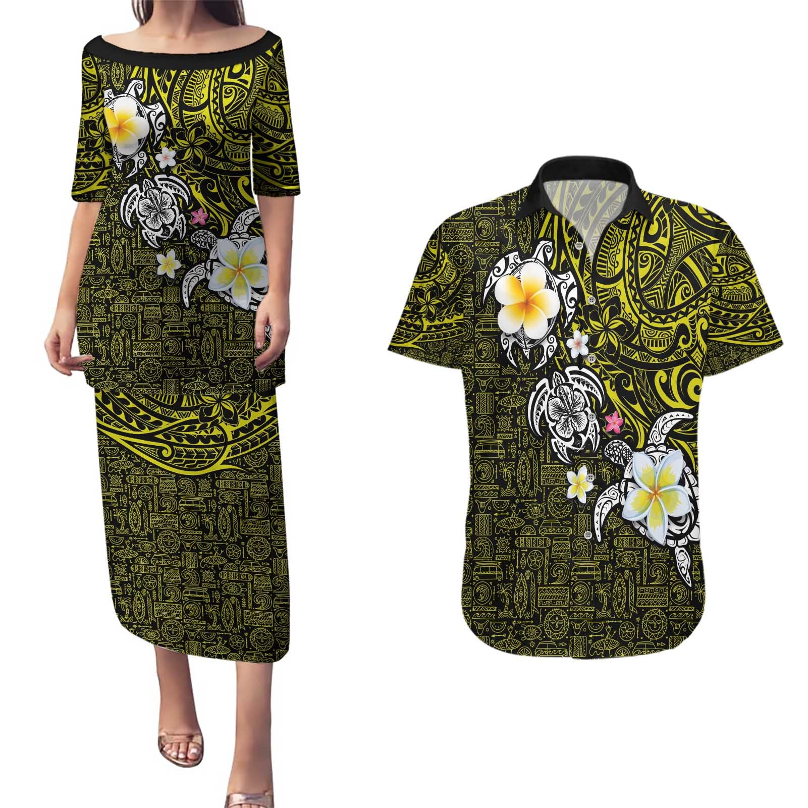 Hawaiian Turtle and Plumeria Couples Matching Puletasi and Hawaiian Shirt Polynesian Tattoo and Tribal Elements Pattern Yellow Color