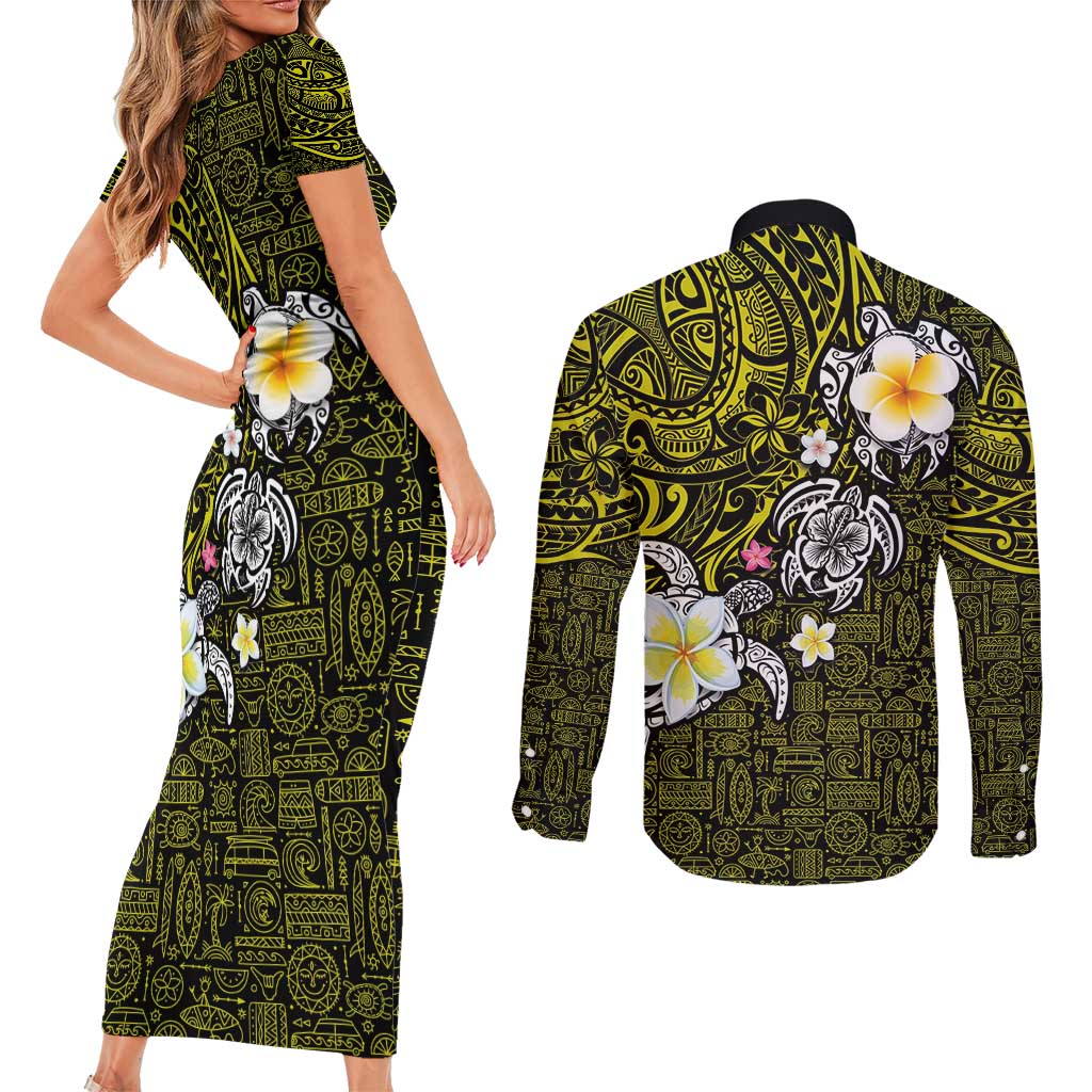 Hawaiian Turtle and Plumeria Couples Matching Short Sleeve Bodycon Dress and Long Sleeve Button Shirt Polynesian Tattoo and Tribal Elements Pattern Yellow Color