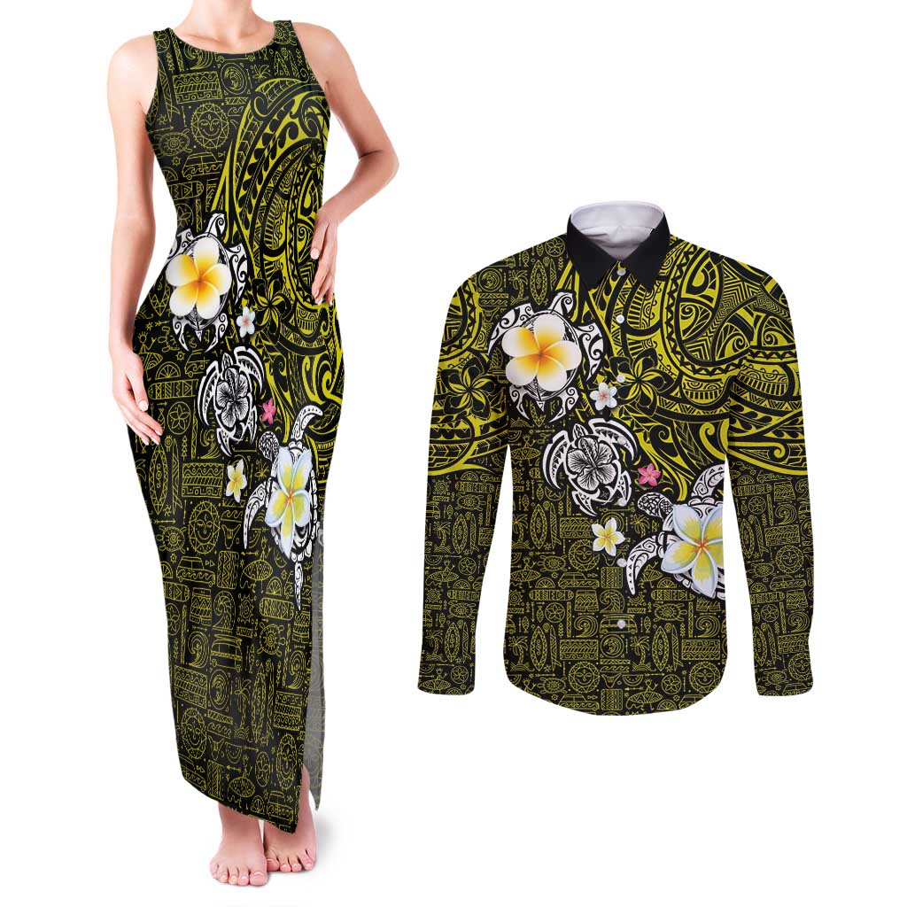 Hawaiian Turtle and Plumeria Couples Matching Tank Maxi Dress and Long Sleeve Button Shirt Polynesian Tattoo and Tribal Elements Pattern Yellow Color