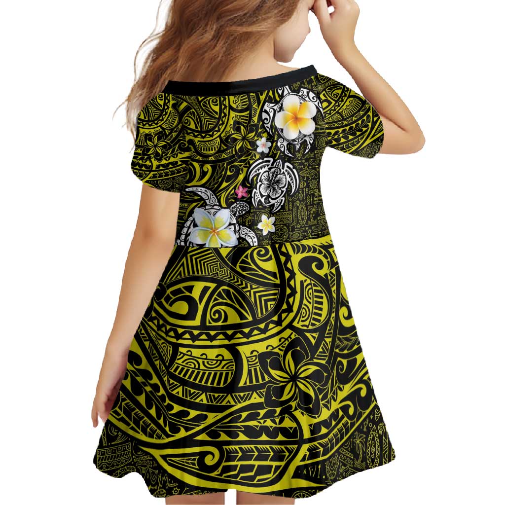 Hawaiian Turtle and Plumeria Family Matching Long Sleeve Bodycon Dress and Hawaiian Shirt Polynesian Tattoo and Tribal Elements Pattern Yellow Color