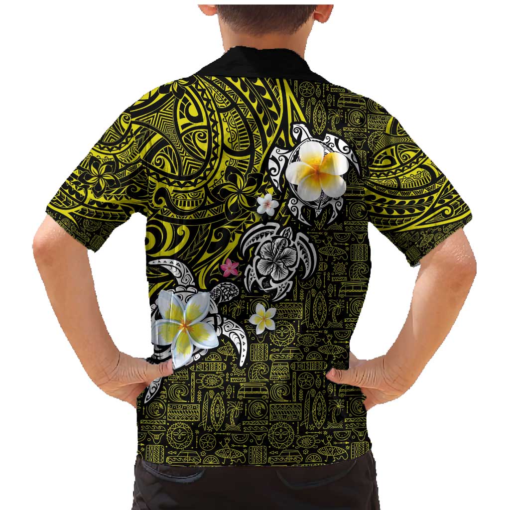 Hawaiian Turtle and Plumeria Family Matching Mermaid Dress and Hawaiian Shirt Polynesian Tattoo and Tribal Elements Pattern Yellow Color
