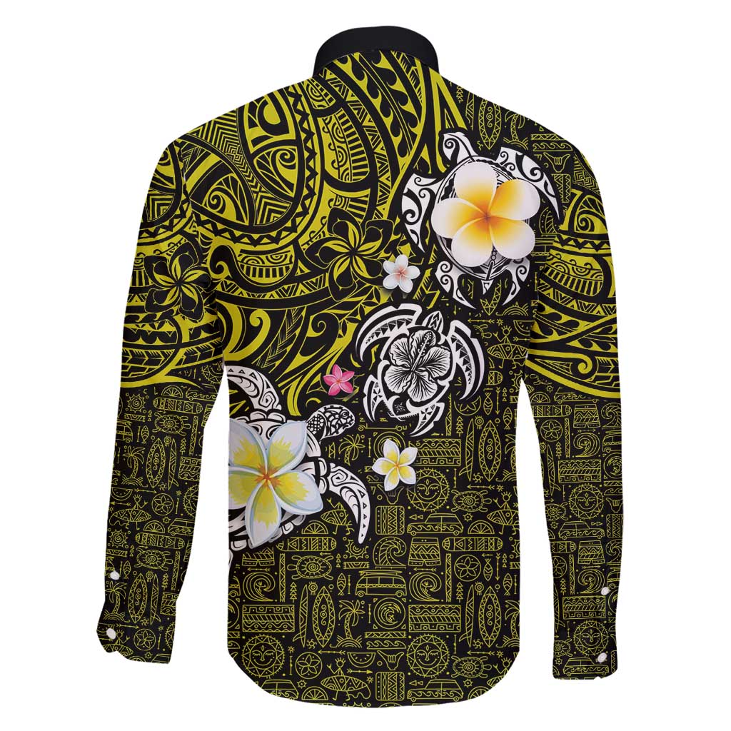 Hawaiian Turtle and Plumeria Family Matching Mermaid Dress and Hawaiian Shirt Polynesian Tattoo and Tribal Elements Pattern Yellow Color