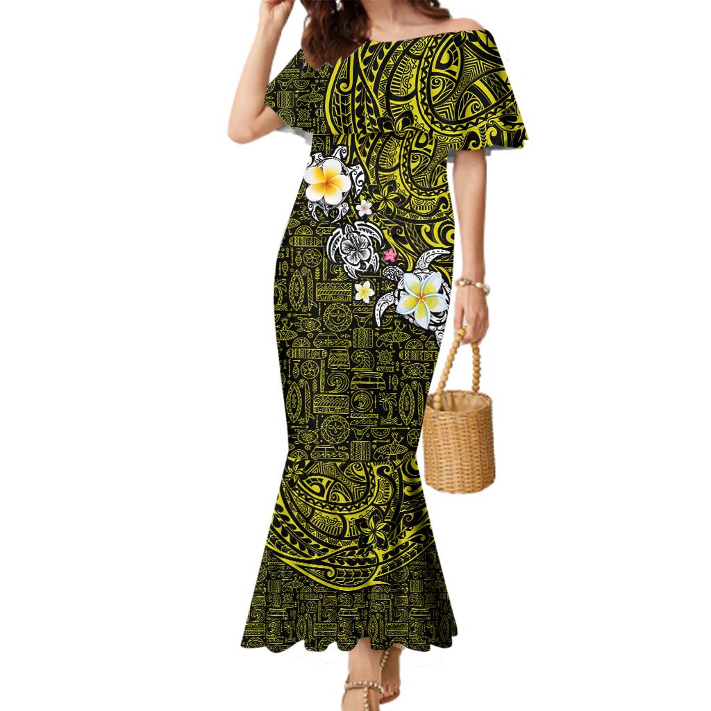 Hawaiian Turtle and Plumeria Family Matching Mermaid Dress and Hawaiian Shirt Polynesian Tattoo and Tribal Elements Pattern Yellow Color