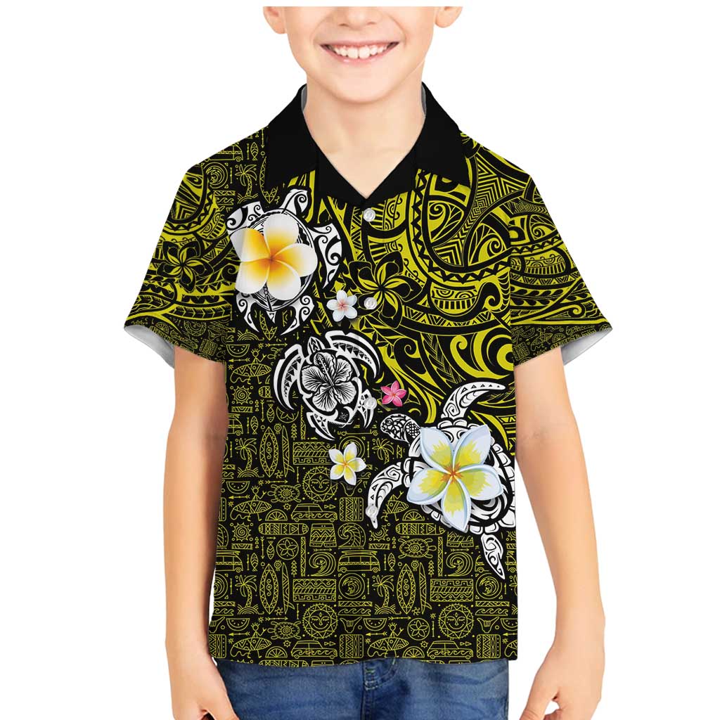Hawaiian Turtle and Plumeria Family Matching Mermaid Dress and Hawaiian Shirt Polynesian Tattoo and Tribal Elements Pattern Yellow Color
