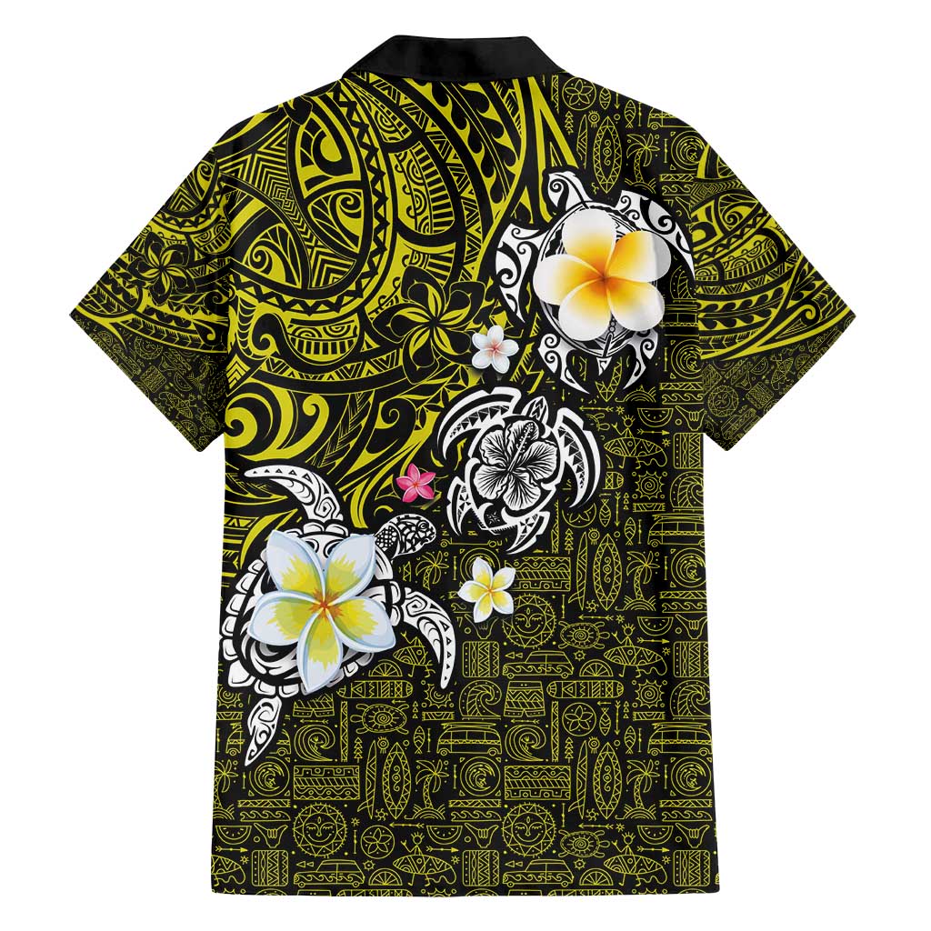 Hawaiian Turtle and Plumeria Family Matching Tank Maxi Dress and Hawaiian Shirt Polynesian Tattoo and Tribal Elements Pattern Yellow Color