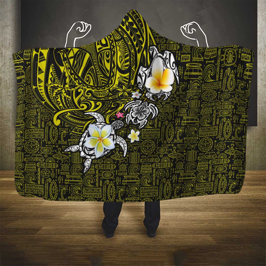 Hawaiian Turtle and Plumeria Hooded Blanket Polynesian Tattoo and Tribal Elements Pattern Yellow Color