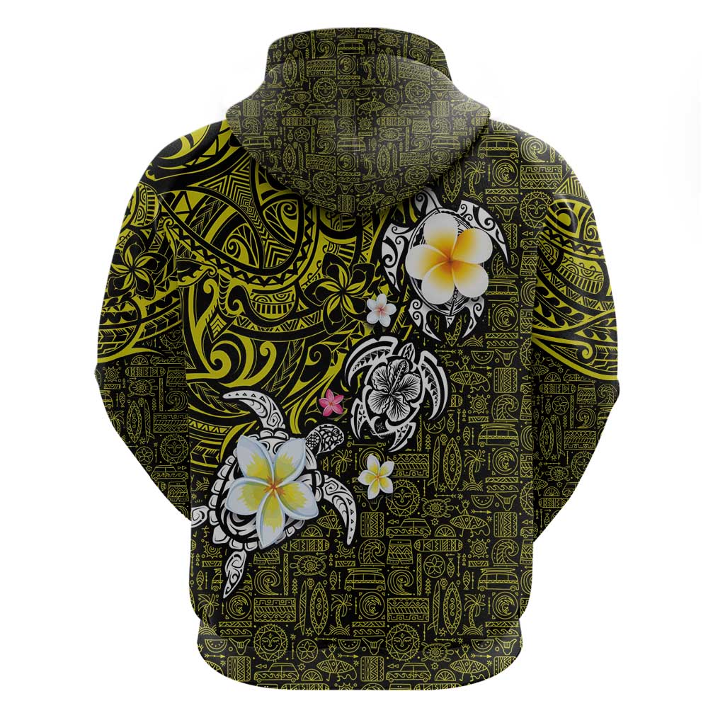 Hawaiian Turtle and Plumeria Hoodie Polynesian Tattoo and Tribal Elements Pattern Yellow Color