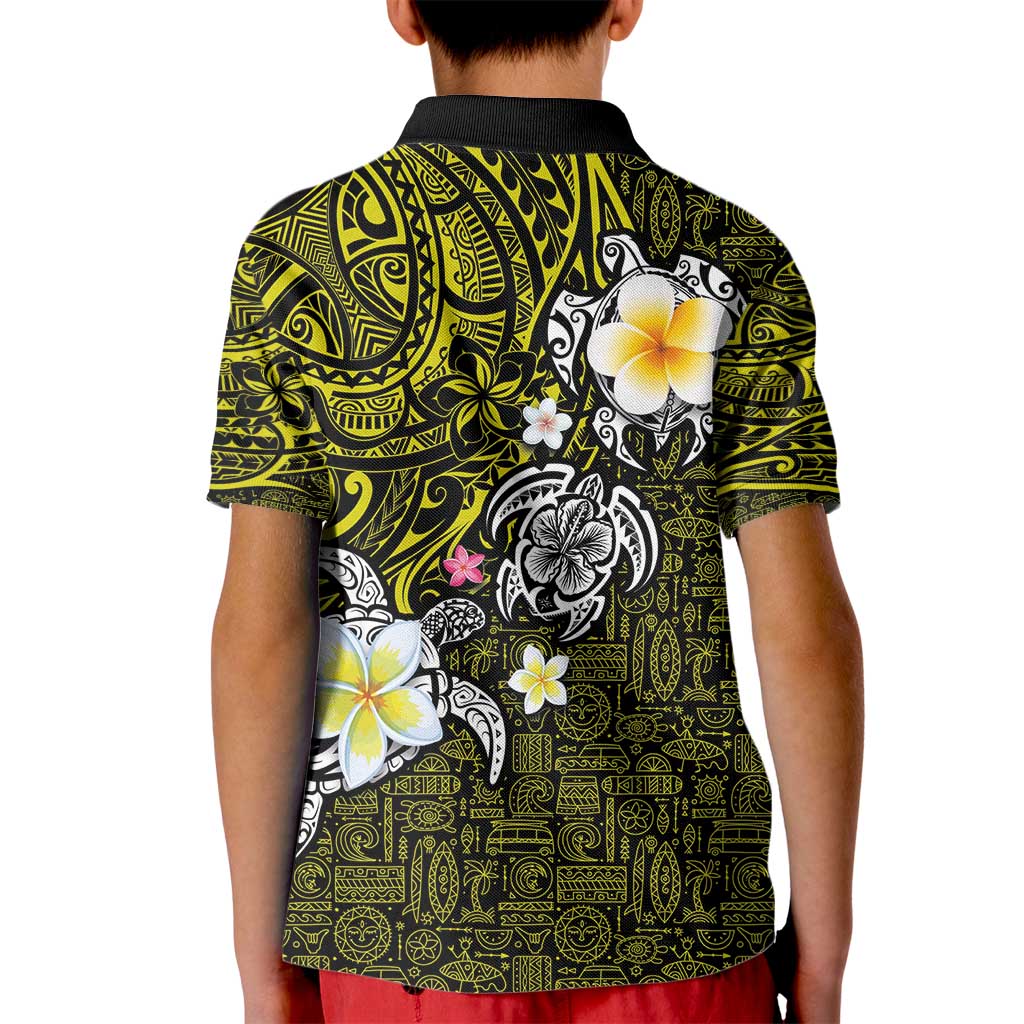 Hawaiian Turtle and Plumeria Kid Polo Shirt Polynesian Tattoo and Tribal Elements Pattern Yellow Color