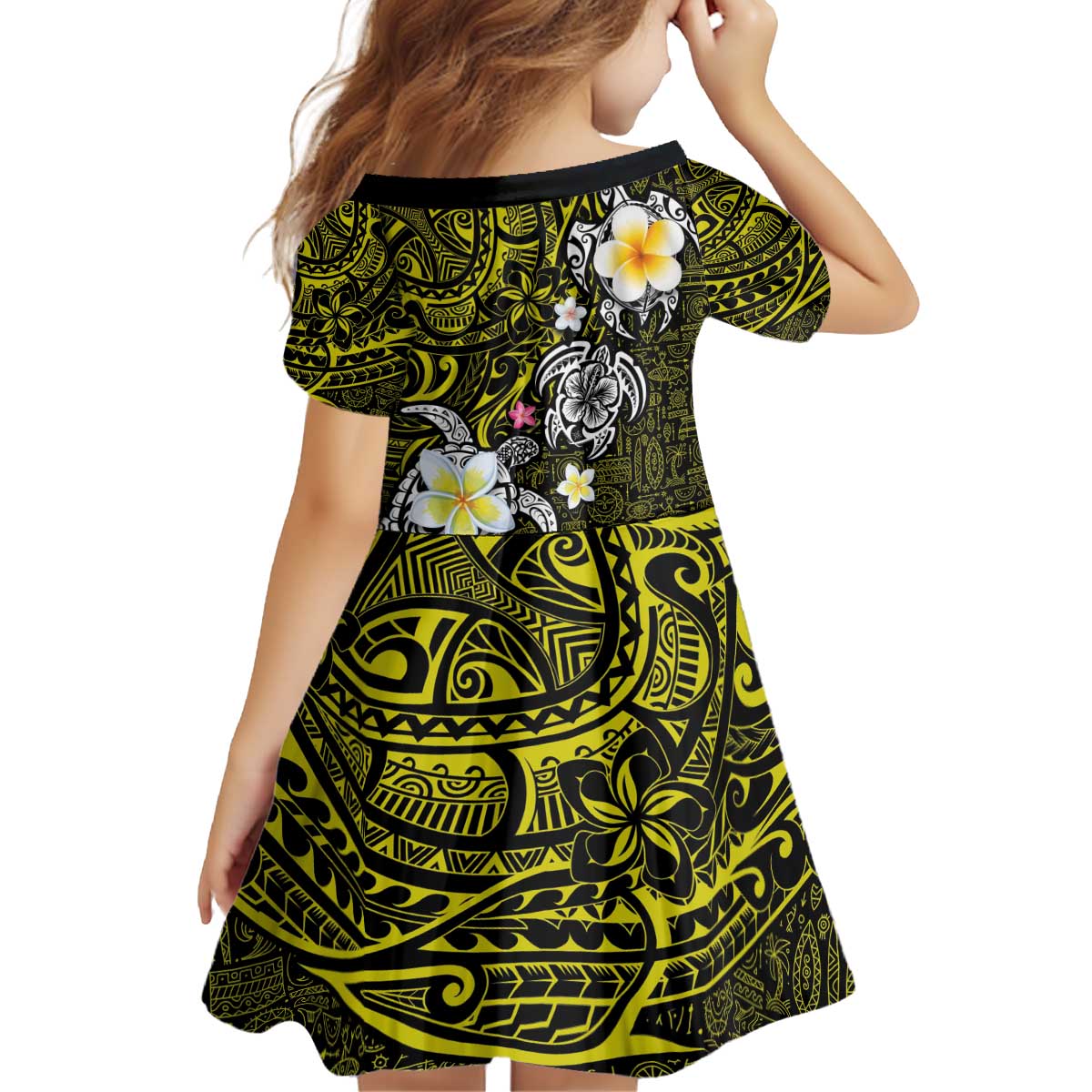 Hawaiian Turtle and Plumeria Kid Short Sleeve Dress Polynesian Tattoo and Tribal Elements Pattern Yellow Color