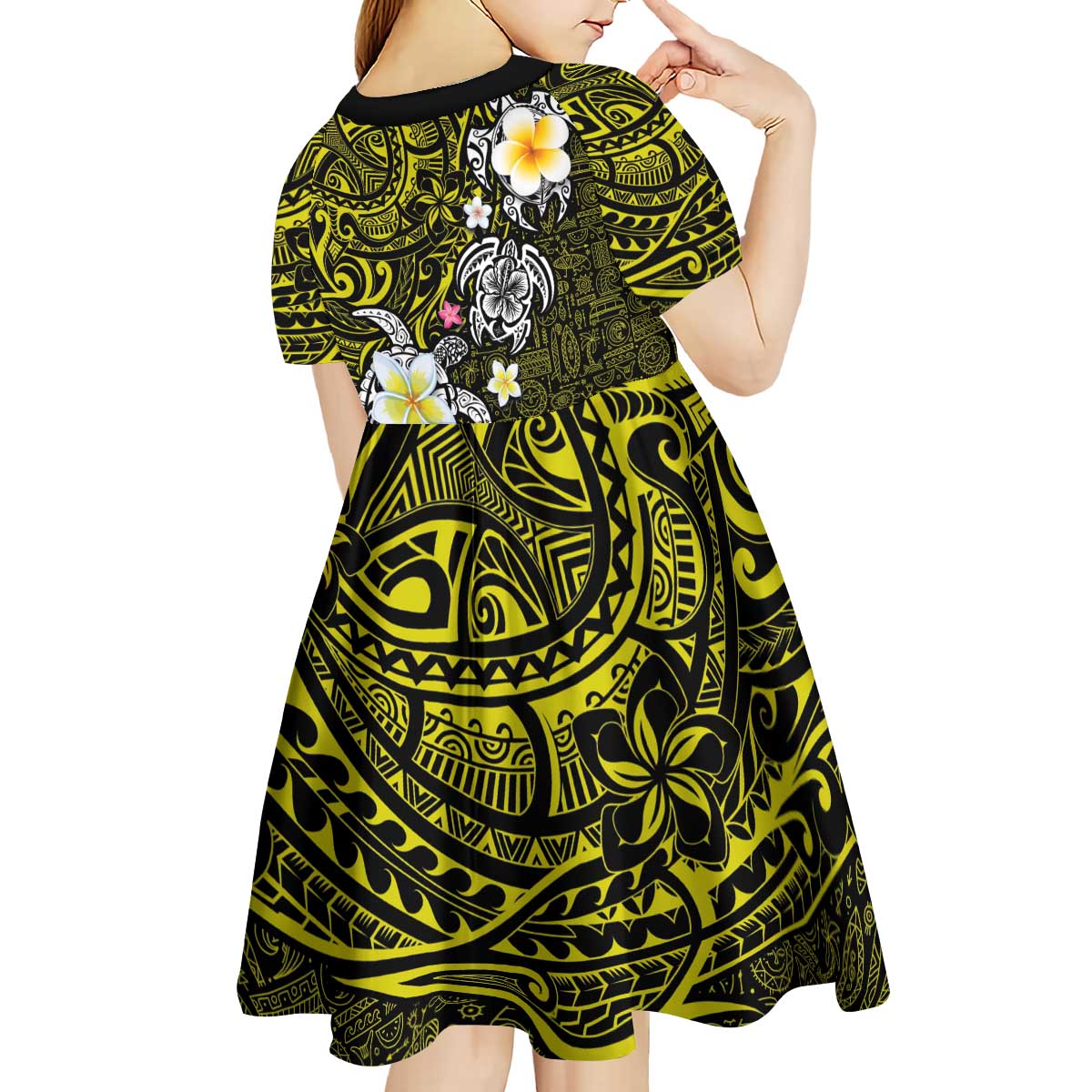 Hawaiian Turtle and Plumeria Kid Short Sleeve Dress Polynesian Tattoo and Tribal Elements Pattern Yellow Color
