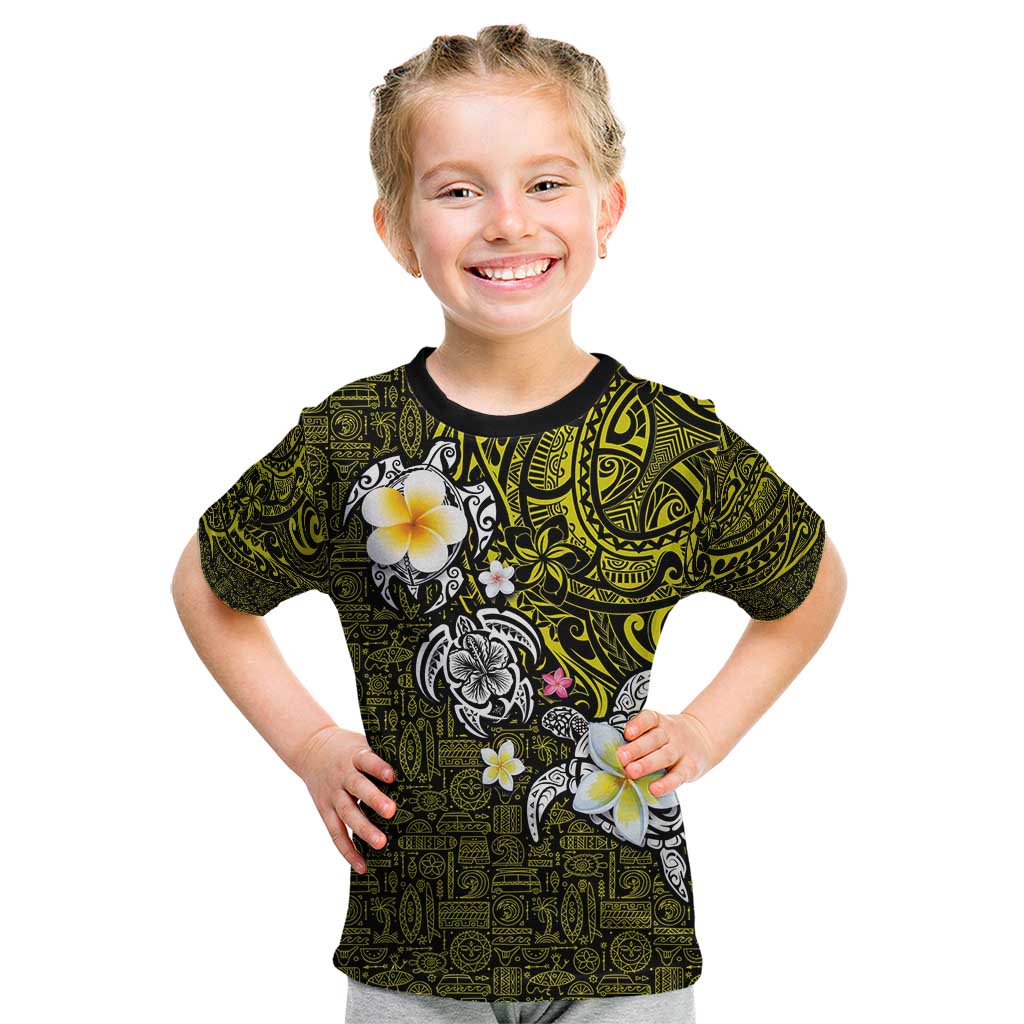 Hawaiian Turtle and Plumeria Kid T Shirt Polynesian Tattoo and Tribal Elements Pattern Yellow Color LT03 Yellow - Polynesian Pride