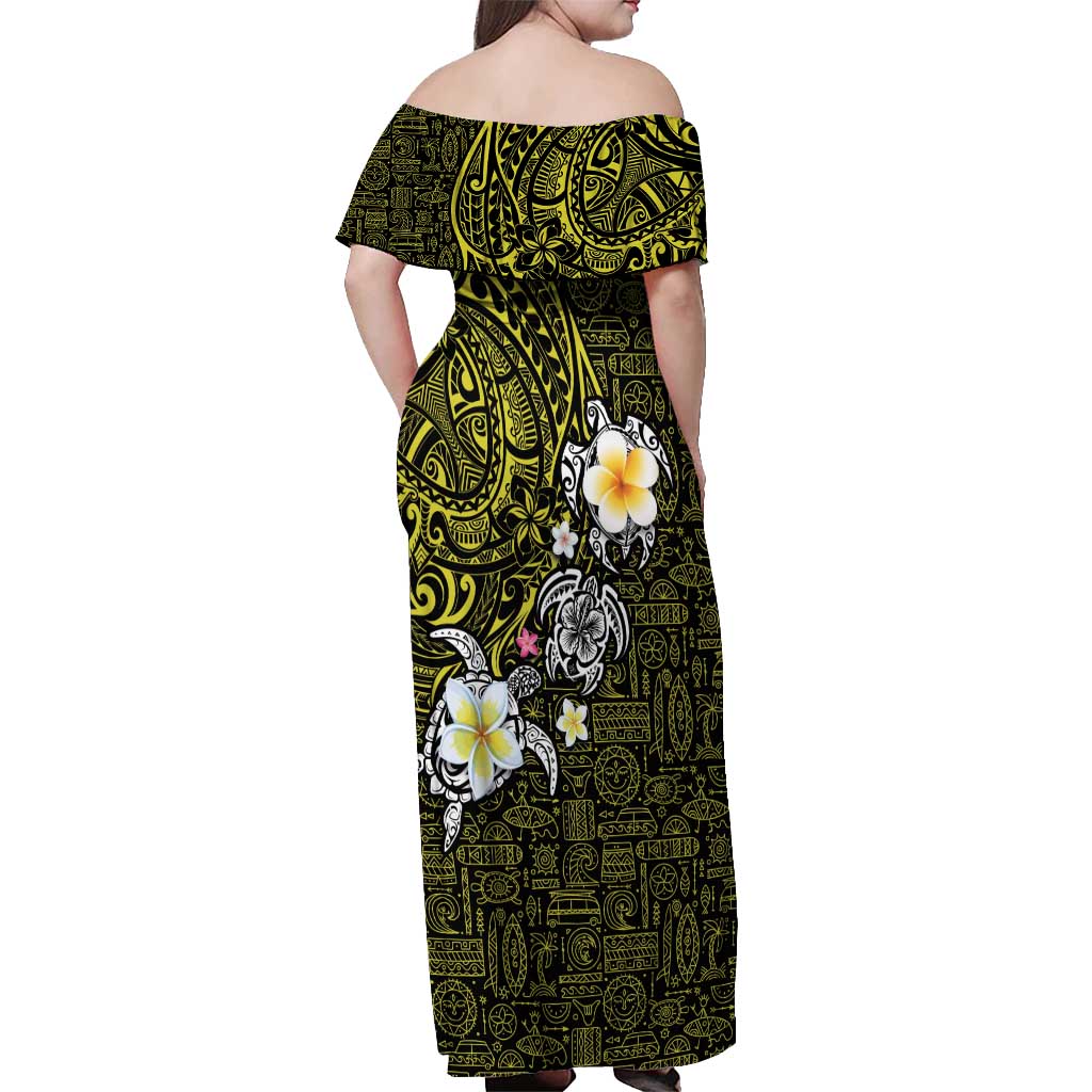 Hawaiian Turtle and Plumeria Off Shoulder Maxi Dress Polynesian Tattoo and Tribal Elements Pattern Yellow Color