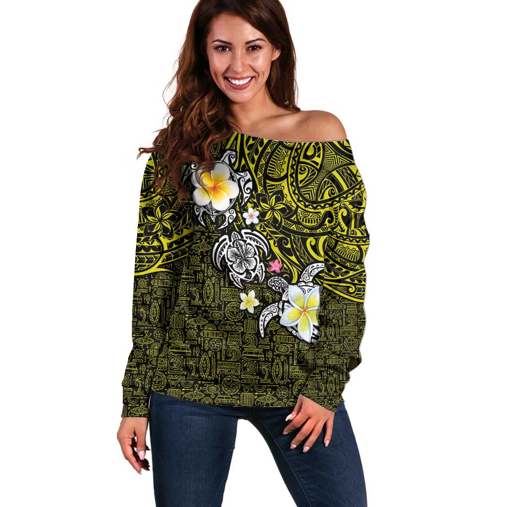 Hawaiian Turtle and Plumeria Off Shoulder Sweater Polynesian Tattoo and Tribal Elements Pattern Yellow Color