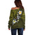 Hawaiian Turtle and Plumeria Off Shoulder Sweater Polynesian Tattoo and Tribal Elements Pattern Yellow Color