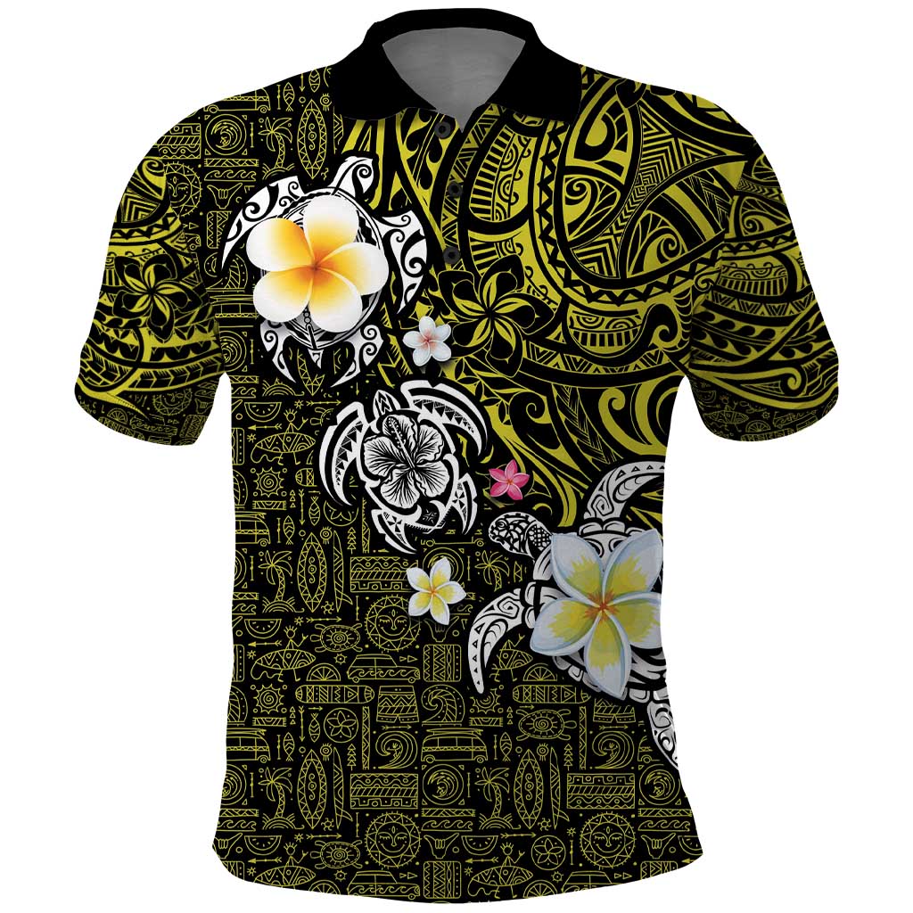 Hawaiian Turtle and Plumeria Polo Shirt Polynesian Tattoo and Tribal Elements Pattern Yellow Color