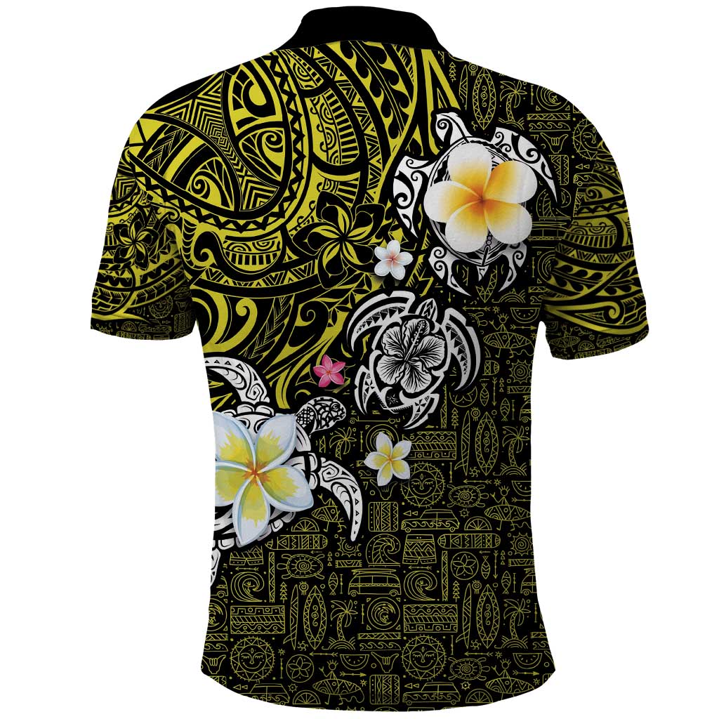Hawaiian Turtle and Plumeria Polo Shirt Polynesian Tattoo and Tribal Elements Pattern Yellow Color