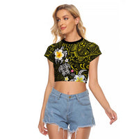 Hawaiian Turtle and Plumeria Raglan Cropped T Shirt Polynesian Tattoo and Tribal Elements Pattern Yellow Color LT03 Female Yellow - Polynesian Pride