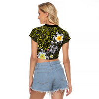 Hawaiian Turtle and Plumeria Raglan Cropped T Shirt Polynesian Tattoo and Tribal Elements Pattern Yellow Color LT03 - Polynesian Pride
