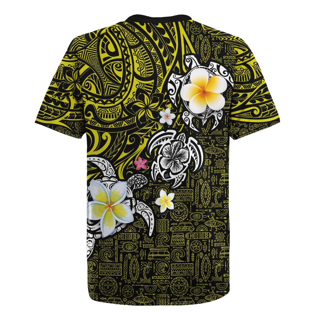 Hawaiian Turtle and Plumeria Rugby Jersey Polynesian Tattoo and Tribal Elements Pattern Yellow Color